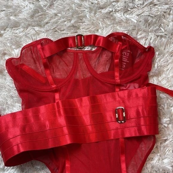 Forplay Honey Please Buckle Mesh Garter Teddy -‎ Red Size M REFNB - Picture 5 of 8